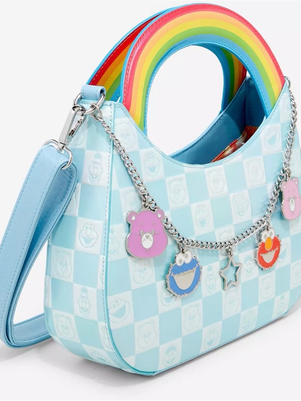 Loungefly Care Bears X Sesame Street Checkered Rainbow Crossbody Bag